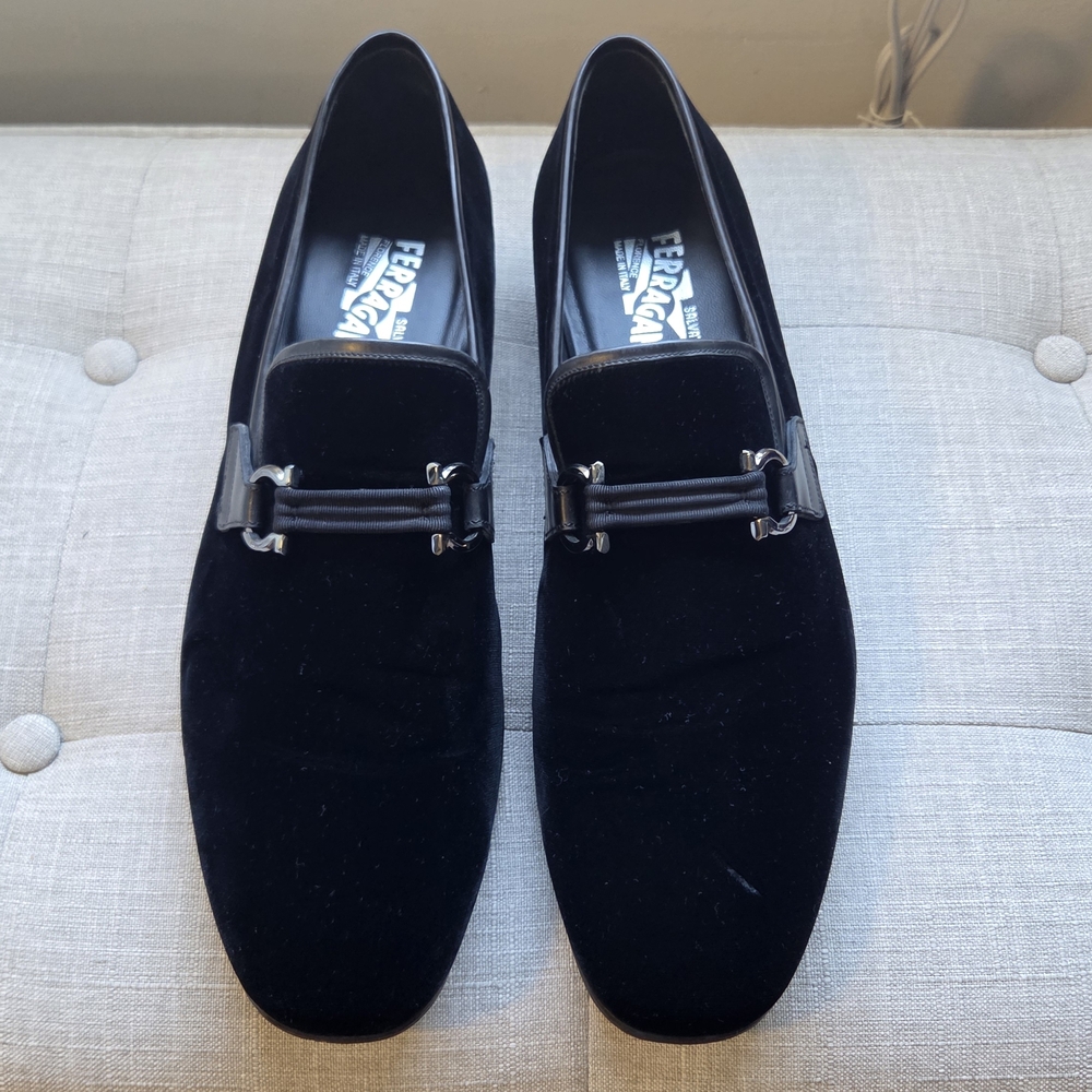 Salvatore Ferragamo Men's Black Velvet And Grosgrain Shoes 13D, US 14D